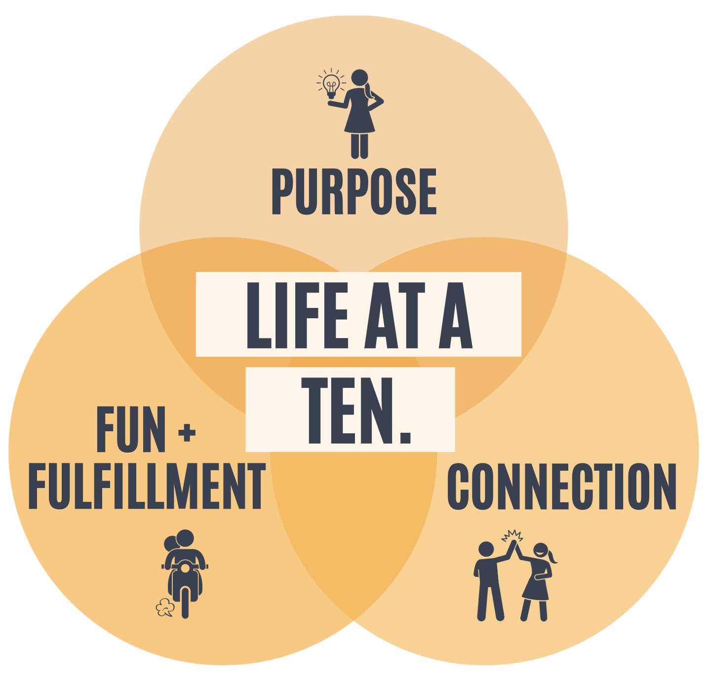 Diagram of three overlapping circles labeled Purpose, Connection, and Fun and Fulfillment with the words Life at a Ten in the center.