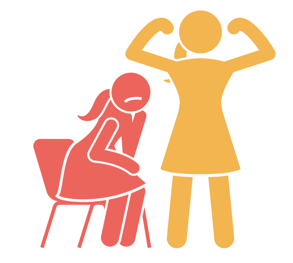 Illustration of a sad seated person beside a confident standing person flexing their arms.